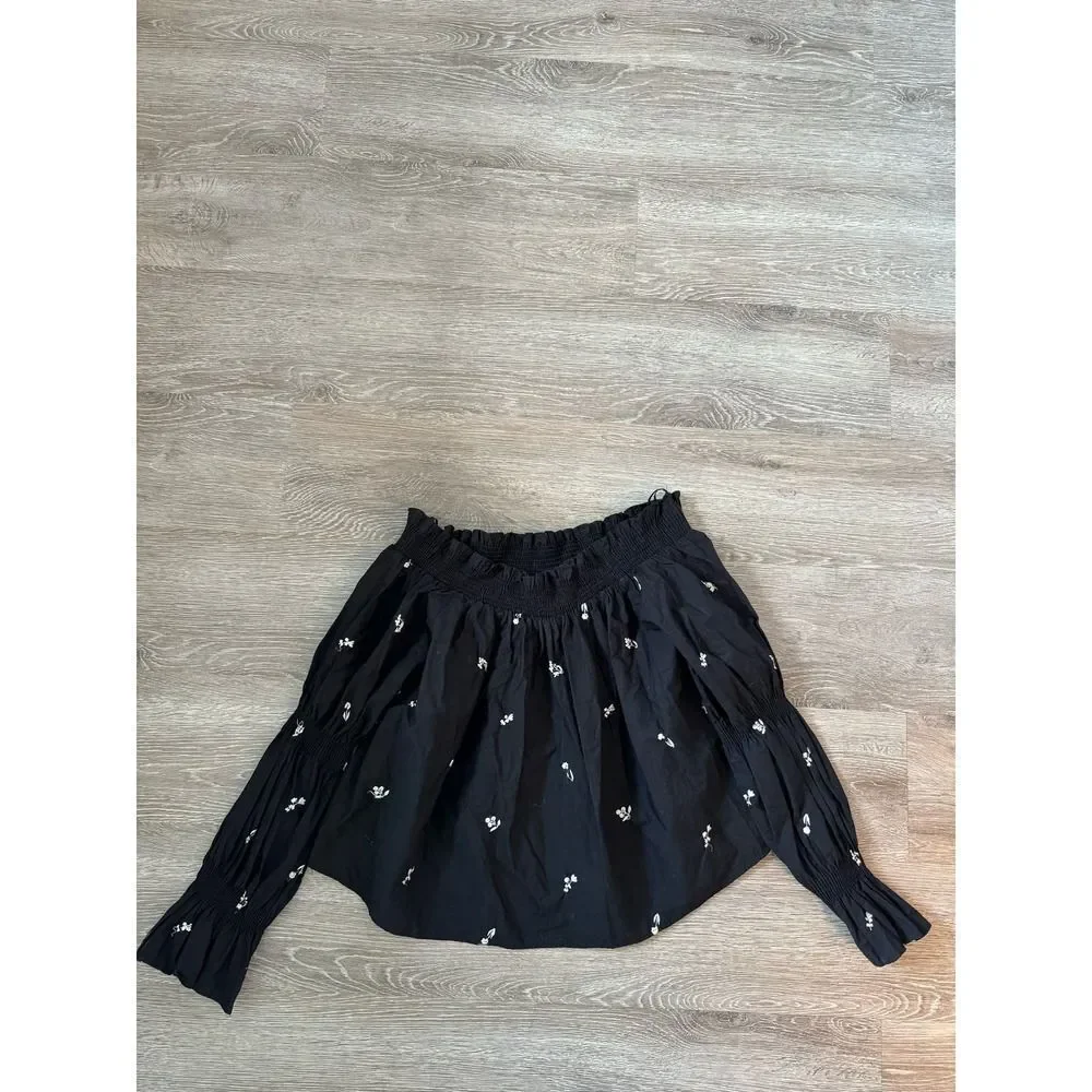 Zara Off Shoulder Embroidered Peasant Blouse Top Black Boho Romantic Size S